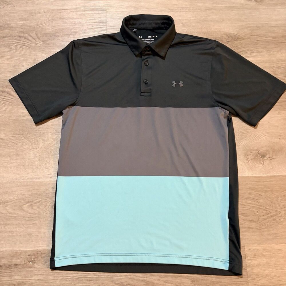 Under Armour Playoff Polo Shirt Mens Size Large Striped Grey Black Teal
